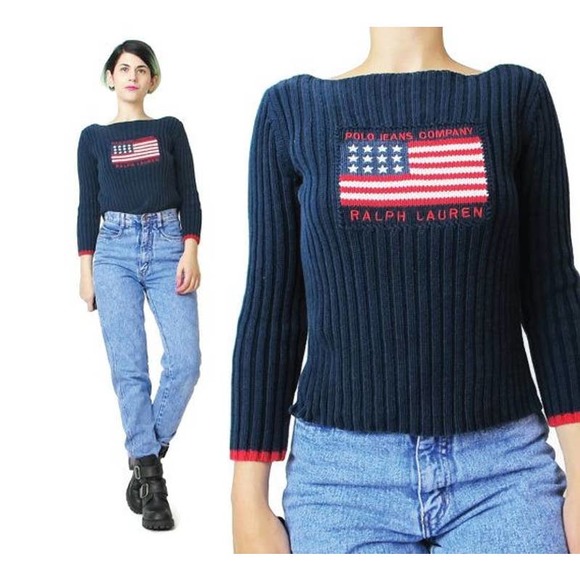 Ralph Lauren Sweaters - SOLDVintage 90's Ralph Lauren Polo Iconic American Flag Blue Sweater Size Medium